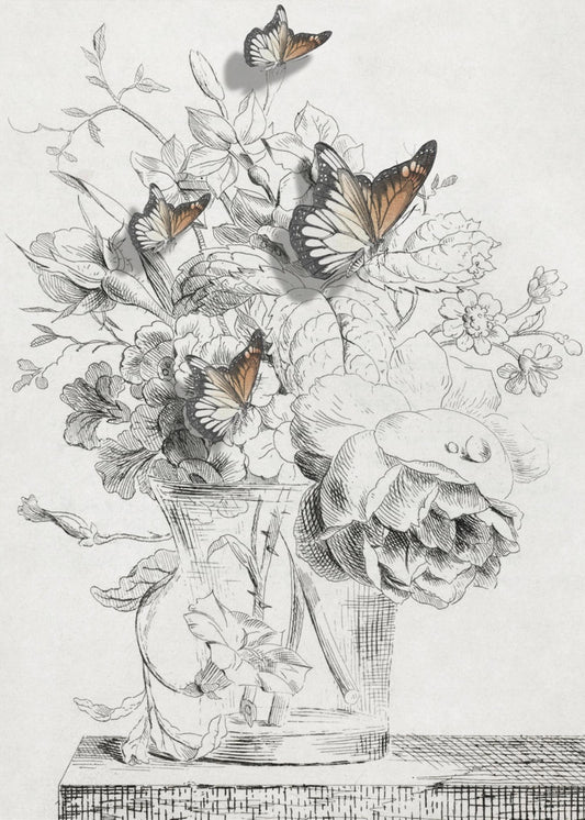 The Butterflies &amp; The Vase With Flowers | Canvas