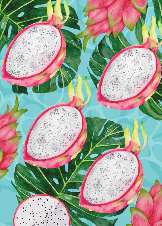 Vibrant Dragon Fruit &amp; Monstera Leaves Aesthetic Pattern - Exotic Tropical watercolor | Canvas
