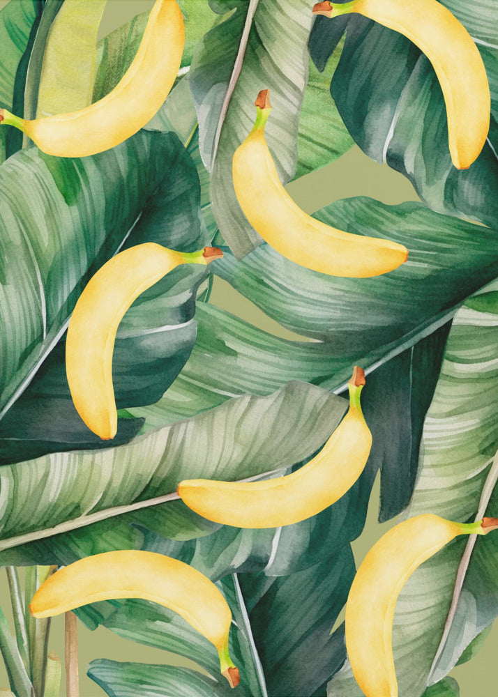 Fresh Banana &amp; Lush Tropical Leaves Aesthetic Pattern - Natural Watercolor Design | Canvas