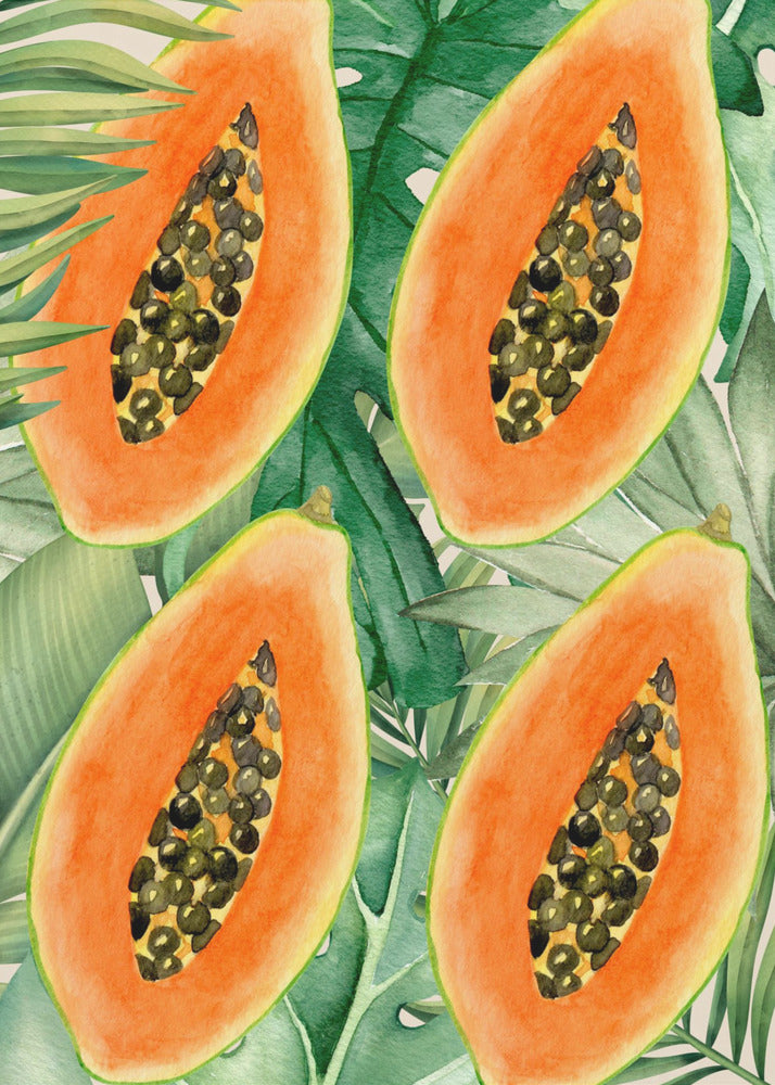 Exotic Papaya and Lush Green Leaves Aesthetic Pattern - Tropical Botanical Watercolor | Canvas