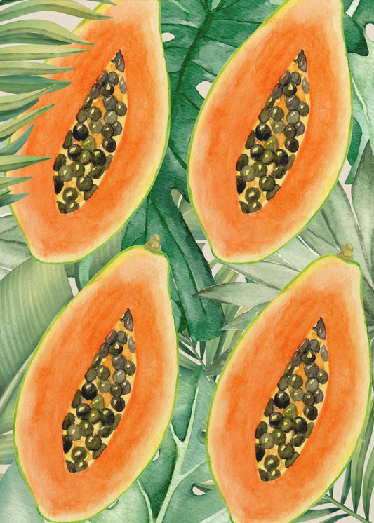 Exotic Papaya and Lush Green Leaves Aesthetic Pattern - Tropical Botanical Watercolor | Canvas